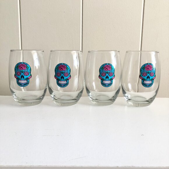 Cristar Aqua Blue Sugar Skull Stemless Wine Glasses Set of 2 Day of The Dead - Picture 1 of 5